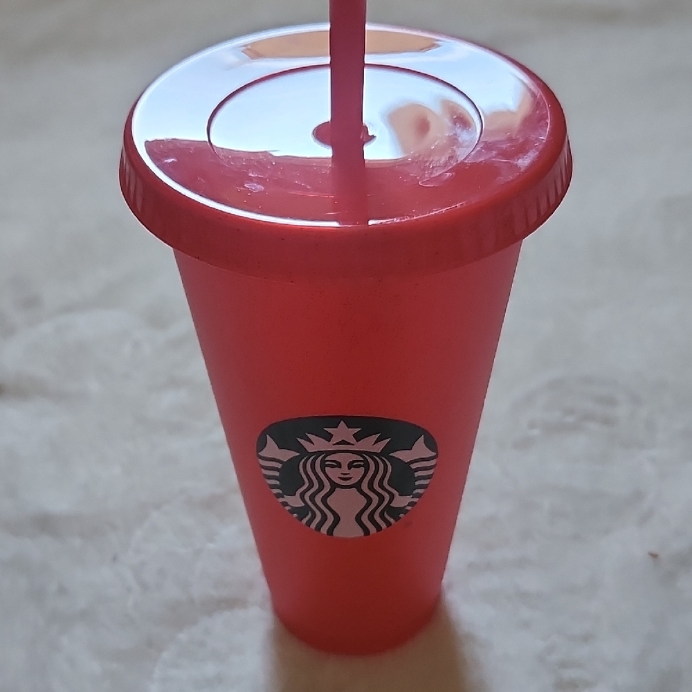 STARBUCKS Red Plastic Drink Holder With Straw